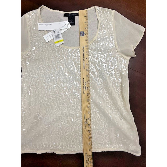 Calvin Klein Women Layered Silver Sequin Ivory Off White T-shirt Sz Medium NEW!! - Picture 4 of 12